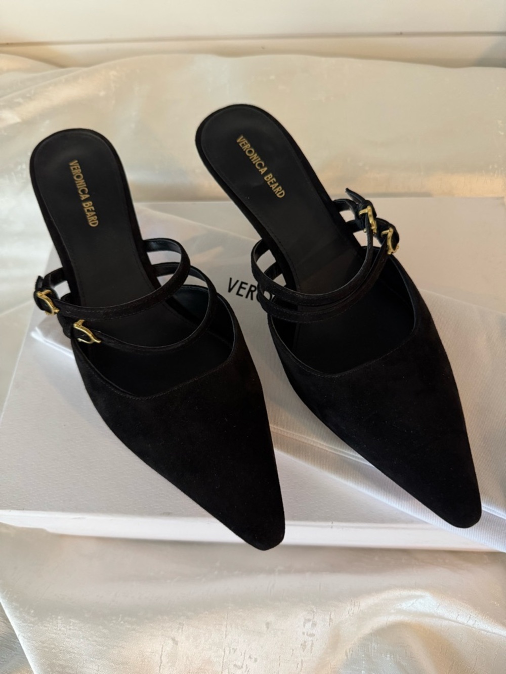 Veronica Beard Corrie Black Suede Strappy Mule Kitten Heels - Picture 10 of 15